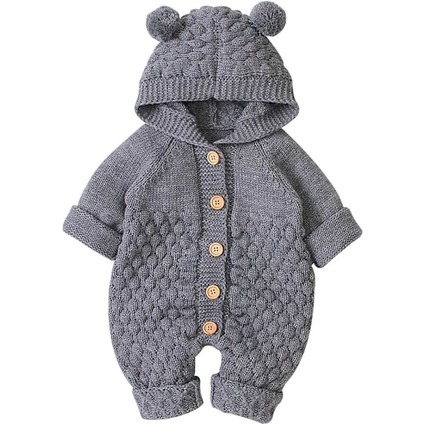 Nyfødt baby øre hætte stickad romper jumpsuit varmare sneklædning til drenge piger grå 73cm 73 cm 73 cm Grey