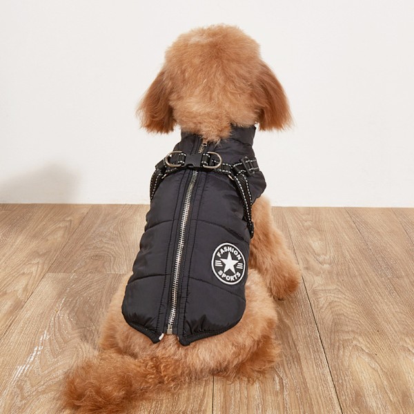 Stor hundejakke med sele Vinter varmt hundetøj Vandtæt Sort Sort Black 4XL