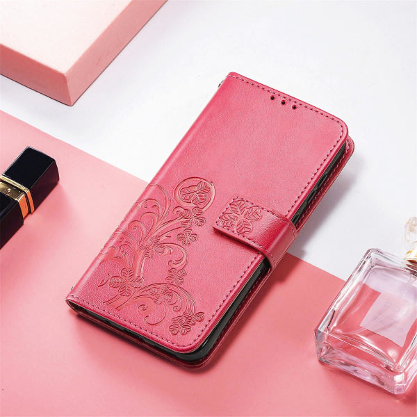 Case Iphone 12 cover Clover Präglat skyddande läder phone case Magnetisk - Rose Red C4 A