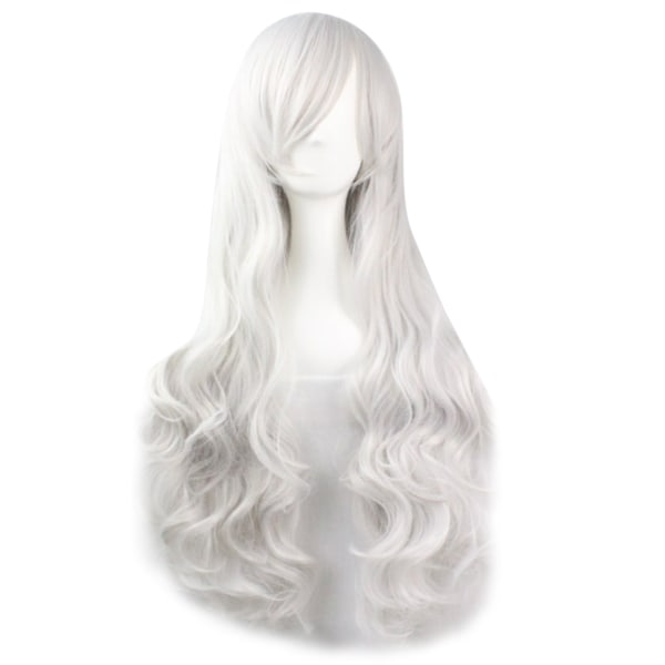 80 cm mote kvinner Anime lang krøllete bølget syntetisk hår Cosplay parykk (sølvhvit)