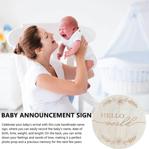 5,9 tommer rundt babykunngjøring fotorekvisitt Basswood-skilt Hello World Babyskilt for Nursery L2