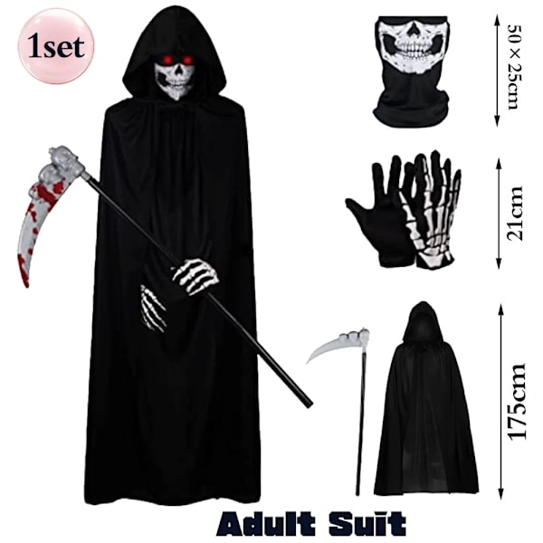 Skræmmende Halloween Spøgelse Reaper Kostume Hætte Cape Kranie Maske Handsker Le Sæt Voksne Børn Rædsel Grim Reaper Halloween Dekoration Børnesæt_paris