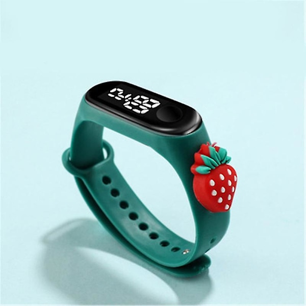 LED Tegnefilm Vandafvisende Elektronisk Ur Børn Sport Touch Ur Til Piger Drenge Dark Green Strawberry