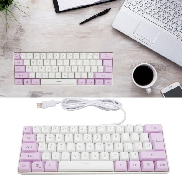 Gaming Keyboard USB 61 Keys Ergonomisk kontrastfarge 6 RGB bakgrunnsbelyste modi Kablet tastatur for stasjonær bærbar PC Lilla Hvit