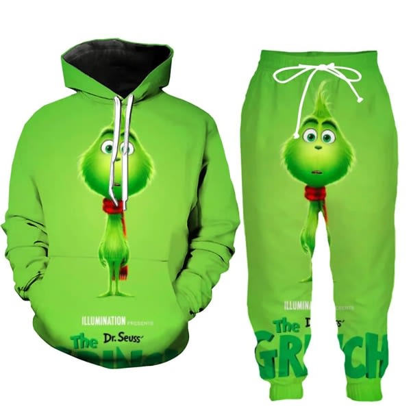 Tecknad The Grinch Xmas Hoodies Sweaters Kappor Unisex Pullover Topp+pannor cosplay Kostym Green Monster Pullover S