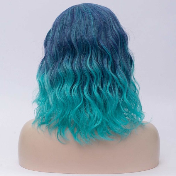 Kort lockig vågig peruk for kvinner med syntetisk festperuker for Halloween-peruker cap medfølger (blå ombre)