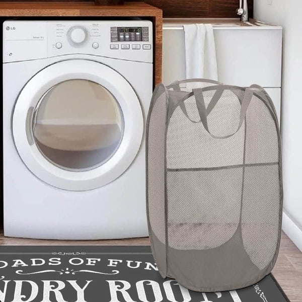 75L Deluxe Stark Mesh Pop-up Tvättkorg med Sidoficka för Tvättstuga Badrum Barnrum Studentboende eller Resa (Grå, 36x36x60cm)