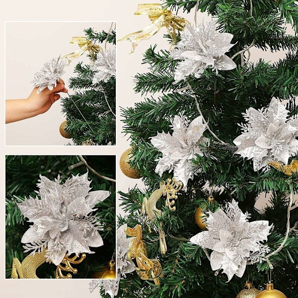 12 stk kunstige juleblomster, julestjerne, juleblomst, juletrepynt, kunstige juleblomster (sølv)