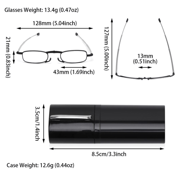 Hopfällbara läsglasögon med rörformigt case CASE STYRKA 1,0X svart Styrka 1,0x black Strength 1.0x