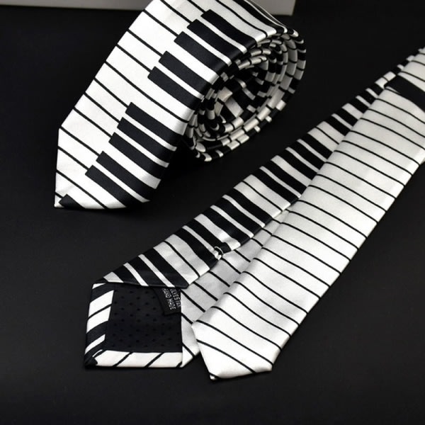 Svart og vitt slips for pianotangentbord for män Klassisk slimmad mager musikkslips