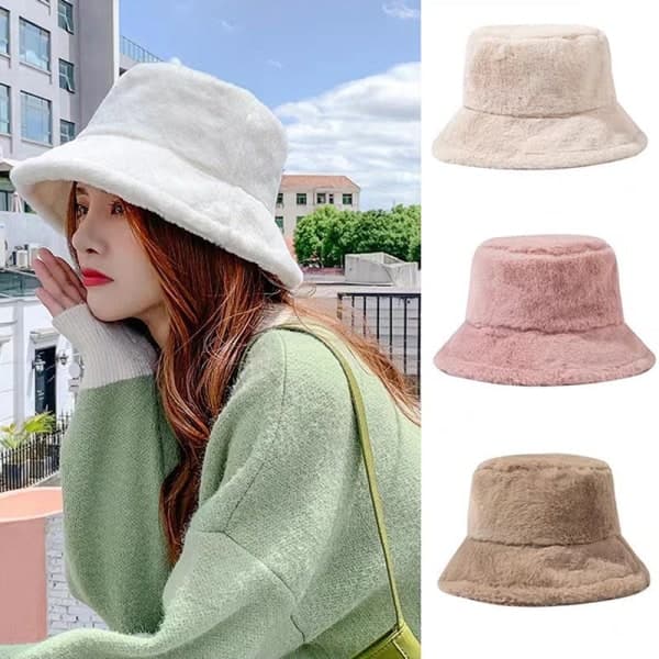 Falsk Pels Vinter Bucket Hat Til Kvinder Solid Varmt Damehat Udendørs Sort