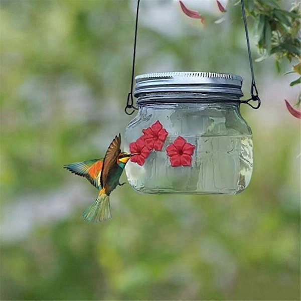 1 pakke Mason Jar fuglefoder med blomsterfoderporte til udendørs hængende gårdhave havedekoration, Ja.pa