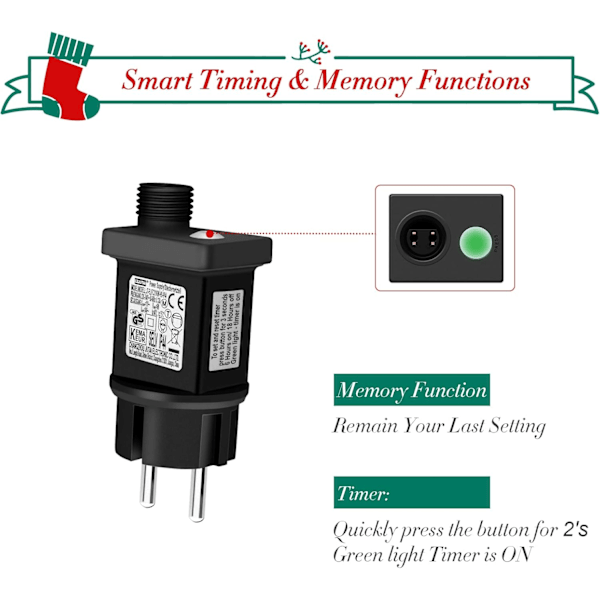 Transformatorplugg for julebelysning, 31 V LED-strømadapter med timer, minne, 8 moduser, IP44 vanntett strømadapterkontroll for juletre