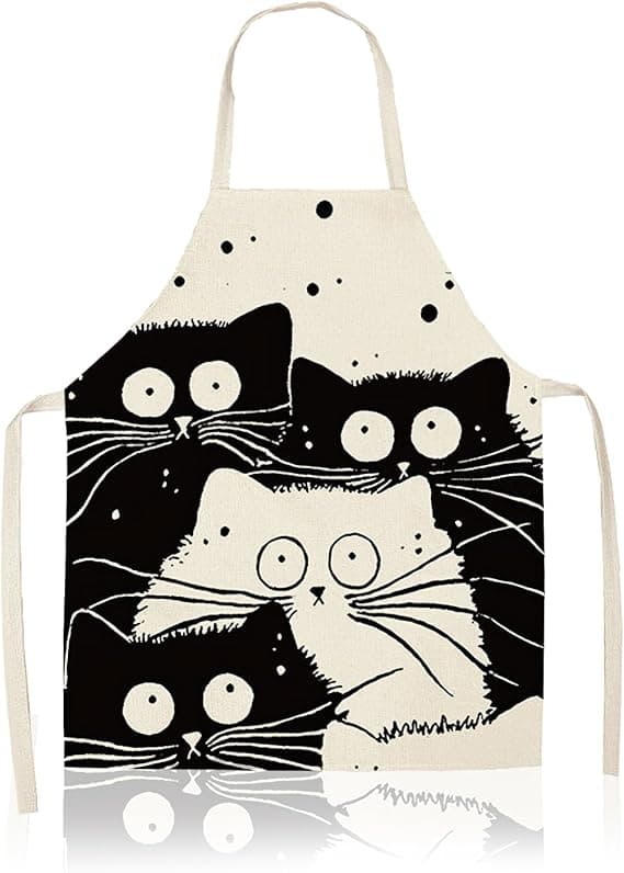 Katteforkle Justerbart Lin Flekkbestandig Matlagings- og Bakeforkle for Menn Kvinner Katteelskere 55 x 68 cm