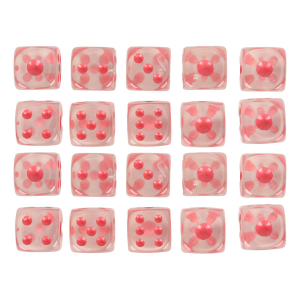 20 stk terningsett 6-sidige gjennomsiktige terninger Avrundede hjørneterninger for brettspill og matematikkundervisning Transparent med rosa flekker
