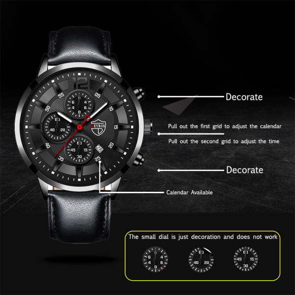 Mode Sport Herrklockor för män Business Casual Rostfritt stål Quartz Armbandsur Kalender Lysande klocka Watch LeatherBlackBlack