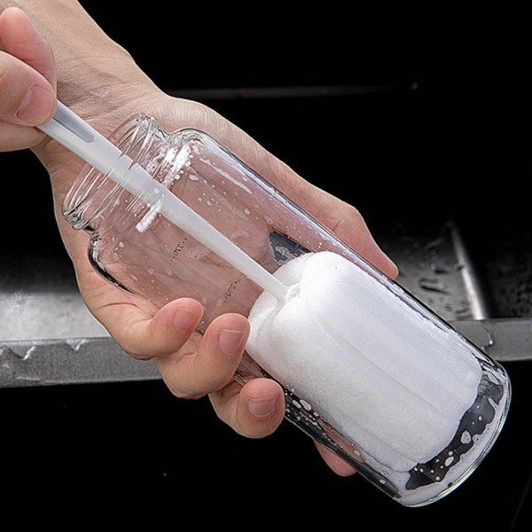 Langt håndtag svampeflaske børste 360° rengøring elastisk fleksibelt hængende hul Design Blød svampe flaske rengøringsbørste Hvid