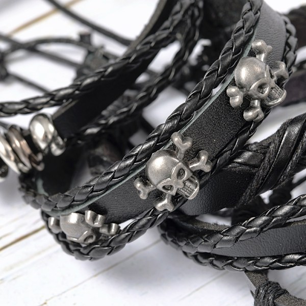 6 svarta vävda läderarmband för män, punk-skalle armband, rock armband för män, justerbara punk smycken, för män och kvinnor