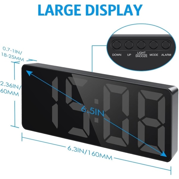 Digital väckarklocka, väckarklocka vid sängkanten med stor LED-skärm, icke-tickande USB/batteridrivet alarm