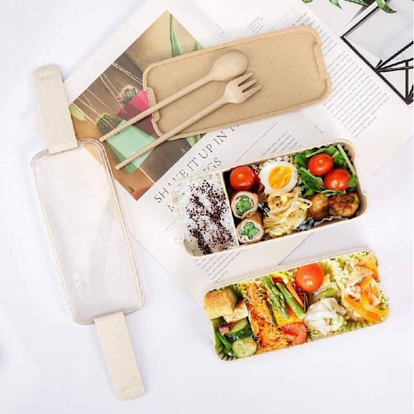 Lunchbox Bentobox Lunchbox för barn och vuxna Med 3 fack Läckagesäker Mikrovågsugn Tillverkad av vete Biologiskt nedbrytbar Plastfri BPA-fri