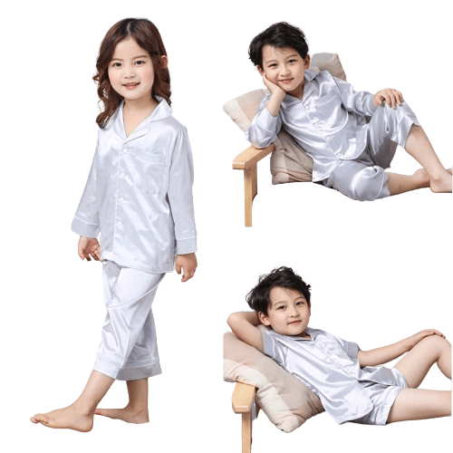 Pyjamas, langermet sett for barn, silkepyjamas med knapper, sølv sølv silver 130cm