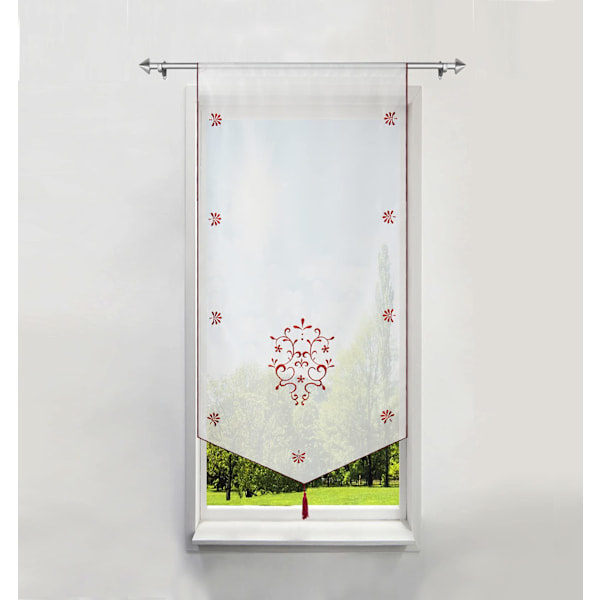 1 Stykke Polyester Tynd Gardin Broderede Blomster med Pompom Korte Gardiner Vinduesdekoration Soveværelse/Badeværelse (LxH/80x160cm, Vinrød/Hvid)