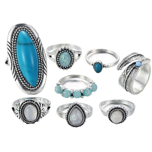 8st Snygg Dam Tjej Retro Turkos Ring Charmig Finger Ring Set Kvinnliga Smycken Presenter