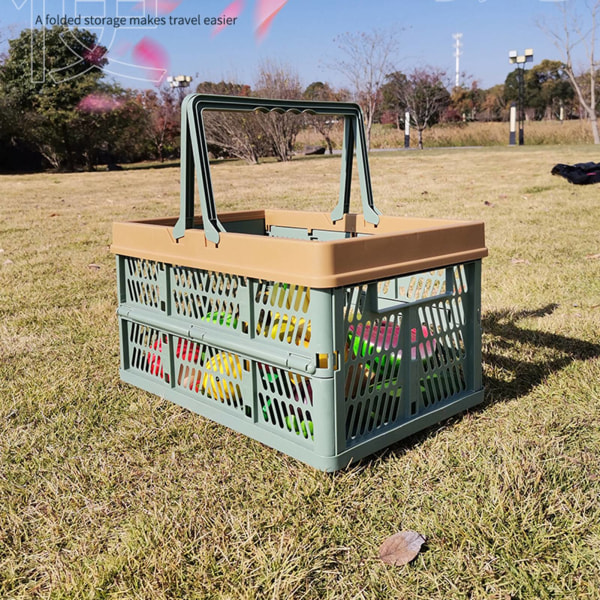 Picknickkorg Hopfällbar medelstor japansk stil bärbart handtag Resebärkorg för utomhushem Grön med kaffefärg
