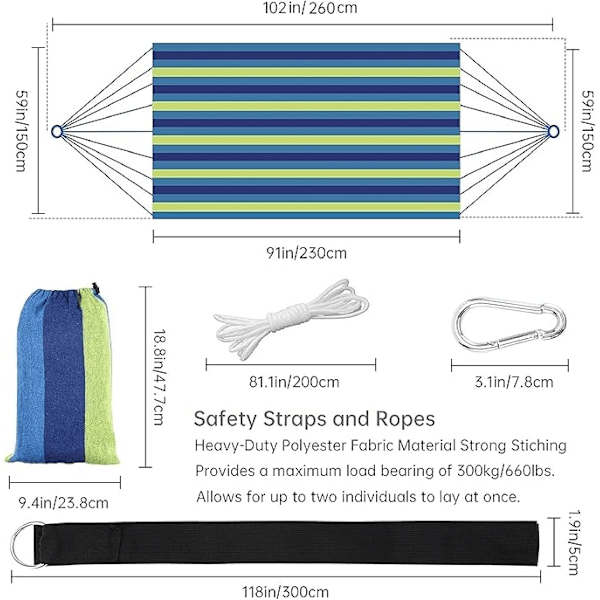 Dobbelt hængekøje 260x150 cm, 2 personers stor brasiliansk hængekøjesving med hængere i metal, belastning 300 kg, velegnet til campinghave blue