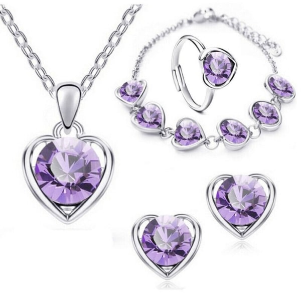 Krystallhjerte halskjede øredobber SØLV&LILLA Sølv&lilla Silver&Purple