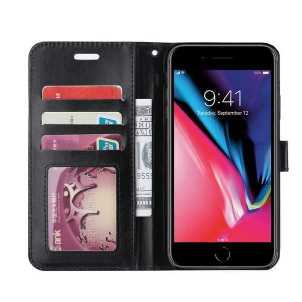 iPhone 6/7/8/SE Lompakkokotelo Nahka Musta—pa