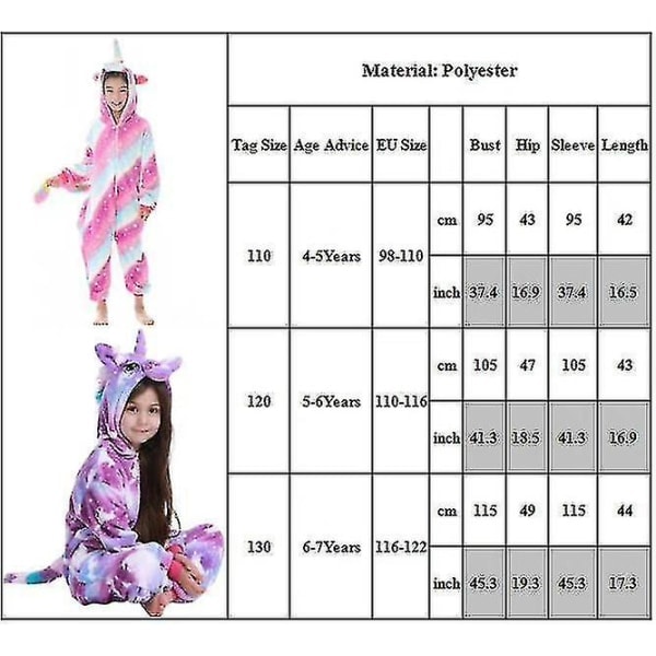 Pige Børn Unicorn 1onesie Kostume Pyjamas Fleece Jumpsuit Blød Natkjole Pyjamas Pjs 5-6 år A 120