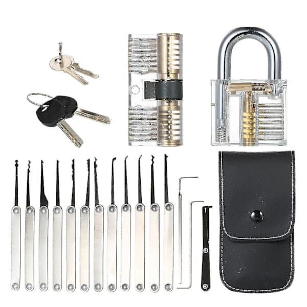 Transparent 15-Piece Lock Pick Set with Two Transparent Practice Padlocks for Locksmiths, Beginners, and Professionals