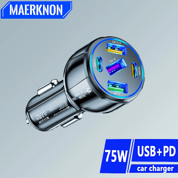 75W Billaddare 5 Portar PD Typ C Snabbladdare för iPhone 15 14 13 Xiaomi 12 13 Samsung Huawei USB C Laddare i Bil