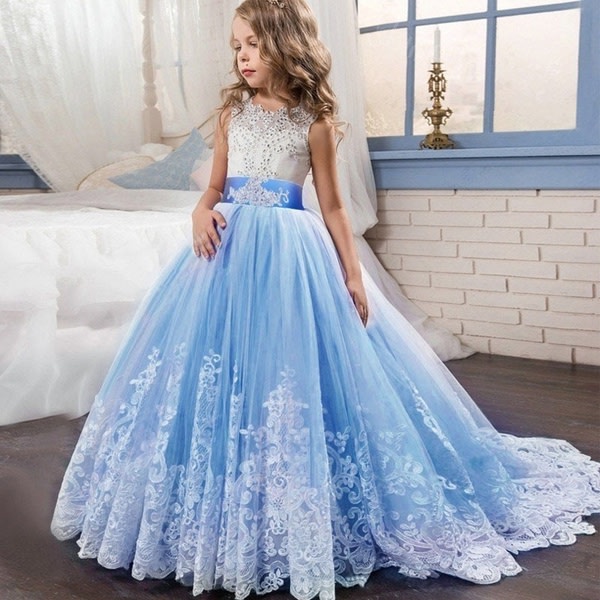 Prinsessan elegant bröllopsfest balklänning Blue 10-11 Years