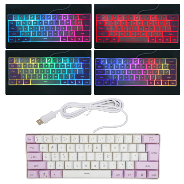 Gaming Keyboard USB 61 Keys Ergonomisk kontrastfarge 6 RGB bakgrunnsbelyste modi Kablet tastatur for stasjonær bærbar PC Lilla Hvit