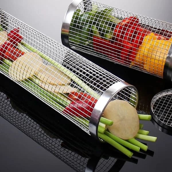Rullende grillkurv i rustfrit stål, cylindrisk net-grillkurv til udendørs camping og baghavegrill, 20 x 9 cm