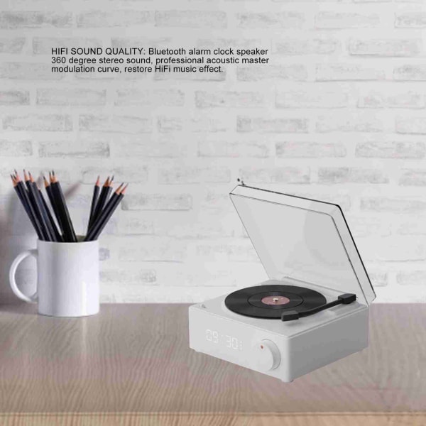 Roterende Vinyl Disc Vækkeur højttaler Retro 360 graders stereo trådløst ur Bluetooth højttaler til hjemmet soveværelse kontor hvid