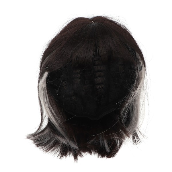 Kvinner, kort bob-parykk, hengende ører, farge svart brunbrun og beige grå, kort rett syntetisk hår med smell