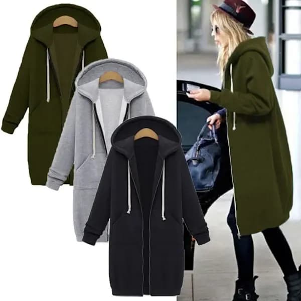Fleece-takki vetoketjulla edessä, pitkä huppari plus-koossa, vaaleanharmaa XL—max