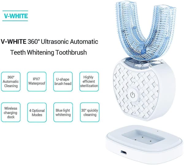Electric Toothbrush, Automatic Toothbrush, U-Shaped Sonic Toothbrush for Teeth Whitening with Replaceable Brush Heads White