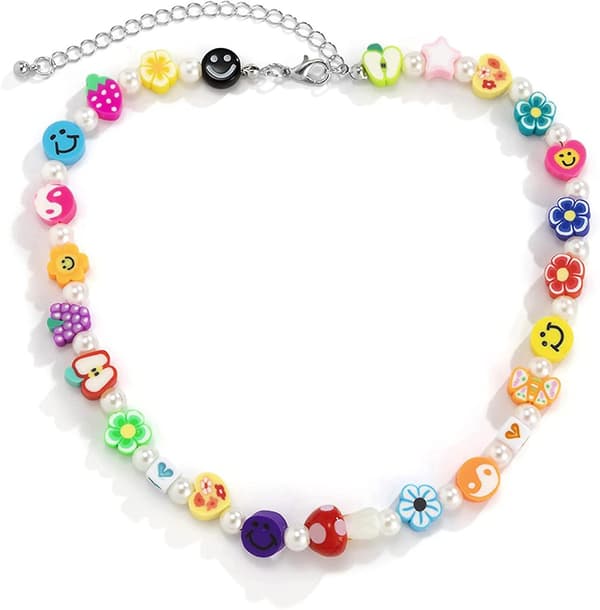 Boho Smiley Lagdelt Perlehalskjede med Strand Armbånd, Smilende Ansikt Blomster Hjerte Perler Perle Stackable (Tilfeldig Stil)