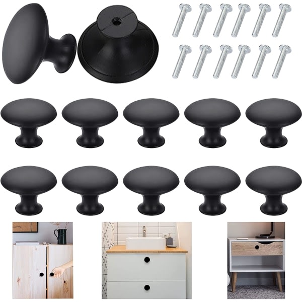 12 delar 30 mm runda skåpknoppar, svarta solida knoppar Handtag Vintage skåpknoppar med 12 skruvar för möbellåda Garderober badrum