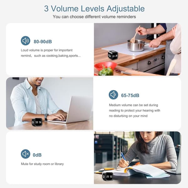 Digital kubtimer, uppladdningsbar nedräkningstimer med gravitationssensor, vibration och justerbart larm för kök och studier, svart