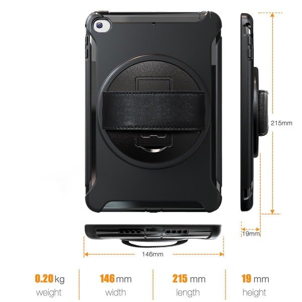 Nytt högkvalitativt case för Ipad Mini 4/5 med handrem, justerbart stativ, cover, barnvänligt Black