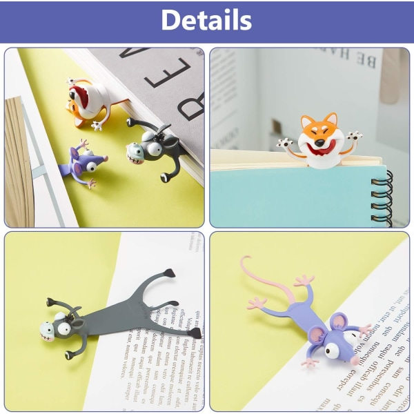3 stycken 3D tecknade djurbokmärken Wacky Palz bokmärke PVC djurbokmärke 3 söta squishy djurpapper för barn S