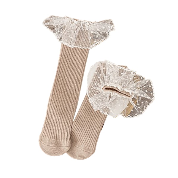 Pikkutytön polvikorkeat sukat Pehmeät puuvillapistekuvioidut pitsikuvioiset pitkät sukat lapsille Khaki