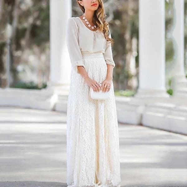 Maxiklänning för dam Lång spets Full Boho-kjol Plisserad strandtyll Elegant SL vit white M
