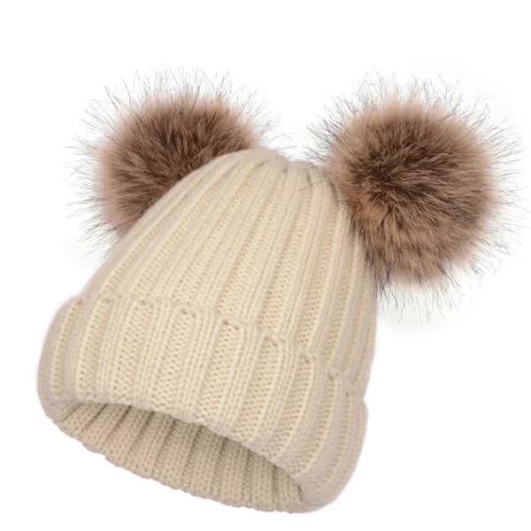 Vintermössa för kvinnor, stickad mössa med två tofsar, skidmössa Beige