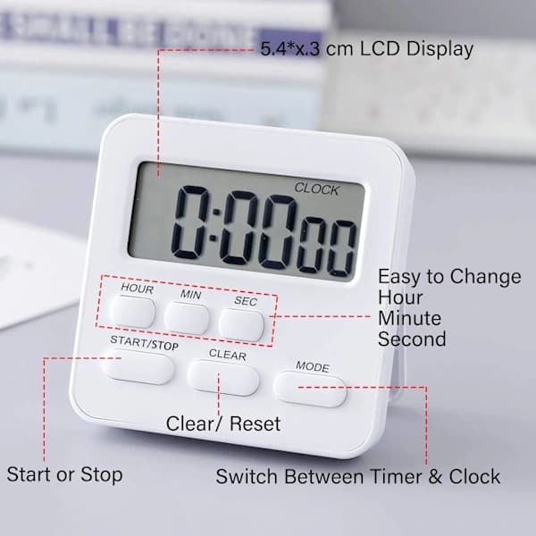 24-timmars digital kökstimer, stor display, högt alarm, vit